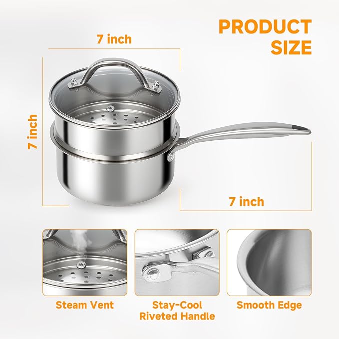 Ohtomber 1.5 Qt Tri-Ply Stainless Steel Saucepan with Steamer Basket & Lid | Nonstick, Sauce pan with Stay-Cool Handle, Induction Safe, Small Cooking Pot, Ideal for Vegetables, Oatmeal, Daily Steaming