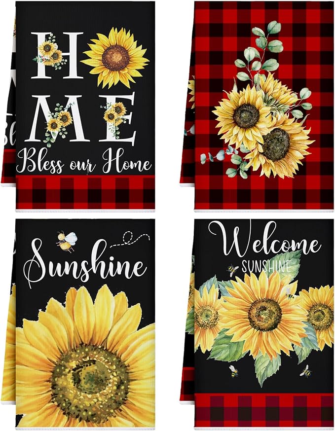 4 Pcs Sunflower Kitchen Towels Red Black Hand Dish Towels Gifts | Floral Absorbent Sunshine Grid Fast Drying Decor Housewarming Gift for Cooking Bathroom Kitchen Decor