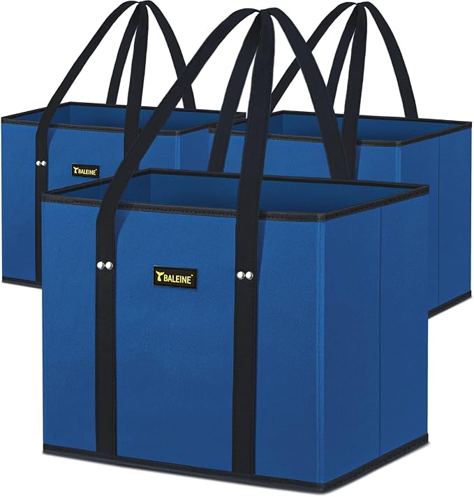 BALEINE 3PK Reusable Grocery Bags, Heavy Duty Shopping Tote Bag | 12'' Long Handles, Reinforced Bottom Keeps Upright, Fold Flat Storage, Water-Resistant Shopping Bag, Multiple Color Options