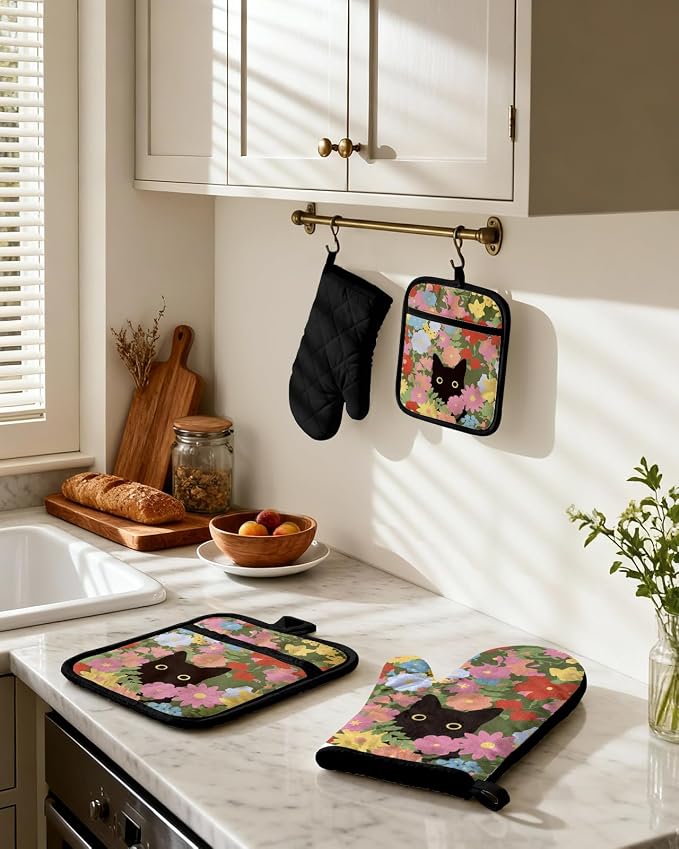 Miss Adola Cotton Oven Mitts and Pot Holders Sets, Floral Feline | Heat-resistant up to 350°F, Pure Cotton, Quilted Contact Surface, Stylish Design, with Hanging Loop, Ready to Gift Package