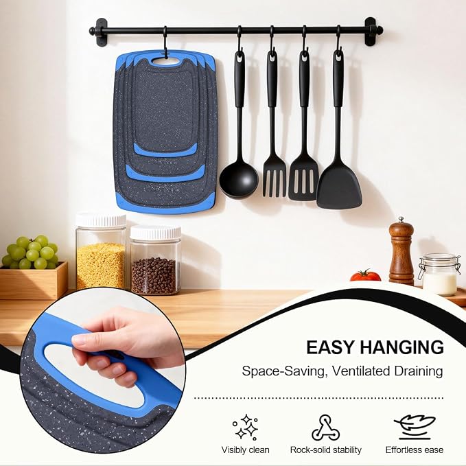 Viretang Non Slip Cutting Board Set For Kitchen, 3 Pieces, Dishwasher Safe | Blue Plastic Chopping Boards with Juice Grooves, Easy Grip Handle,Grinding Area for Grinding Garlic and Ginger,Non BPA