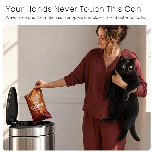 Home Zone Living 16 Gallon Motion Sensor Trash Can with Automatic Lid | Stainless Steel with Touch Control Lid, Hands-Free Operation for Kitchens, Flat Back Semi-Round Shape, Silver