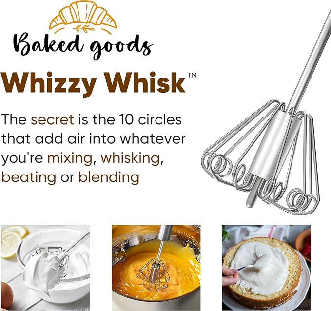 Whizzy Whisk, Stainless Steel Egg Whisk, Hand Push Rotary Whisk Blender, Versatile Milk Frother, Hand Push Mixer Stirrer for Blending, Whisking, Beating & Stirring (12in)