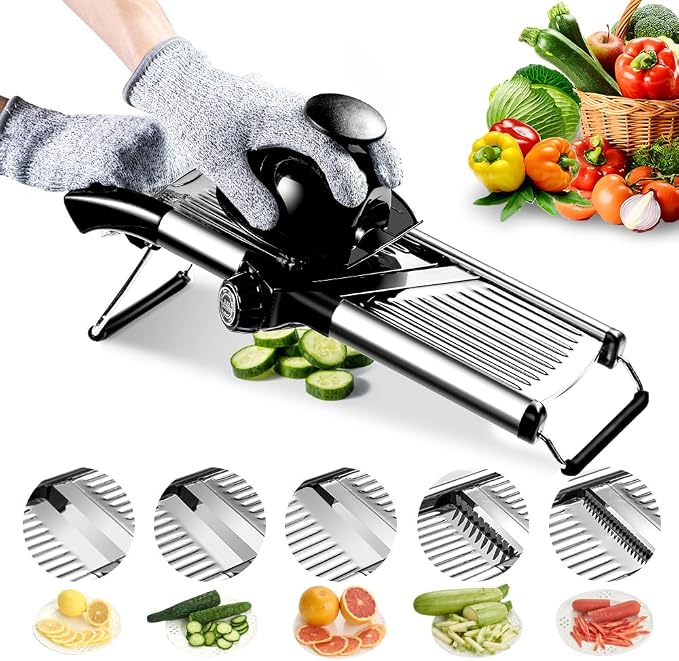 Weltonhm Mandoline Slicer for Kitchen, Mandolin and Julienne for Vegetables | Stainless Steel Mandoline Slicer for Onion, Cucumber, Cabbage, Potato and Carrot Vegetable Slicer with Cut-Resistant Gloves