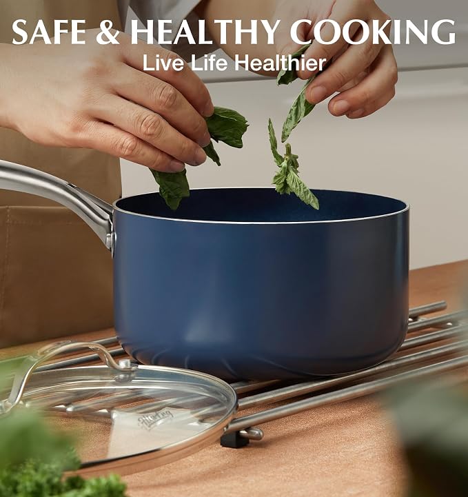 KOCH SYSTEME CS 4 QT Saucepan with Lid, 4 Quart Nonstick Ceramic Sauce pan with Stainless Steel Handle, Non-Toxic Cooking Pot, Induction Pot, Oven Safe, Compatible for All Stove Top, Gradient Blue