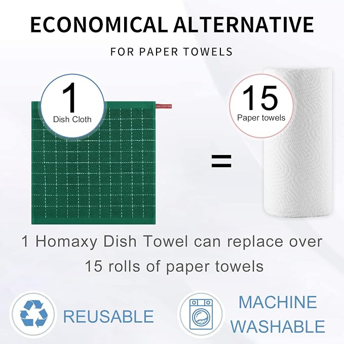 Homaxy 100% Cotton Terry Kitchen Dish Cloths, 12 Pack, Dark Green | Ultra Soft and Absorbent, Suitable for Drying and Washing Dishes