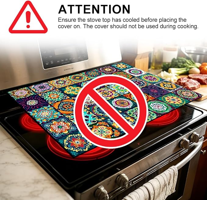 Bohemian Stove Top Cover 28x20 Inch Colorful Pattern Glass Cooktop Cover | Heat Resistant Cooktop Protector Mat with Non-Slip Backing, Scratch Protection and Countertop Drying Mat.