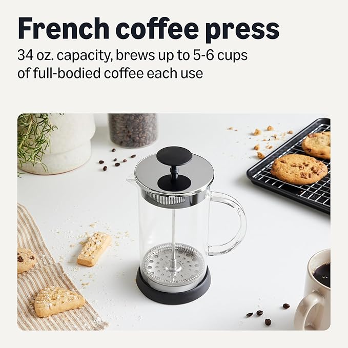 Amazon Basics French Coffee Press, 34 oz., Borosilicate Glass, BPA-Free, Triple Filtration System, Dishwasher-Safe Parts