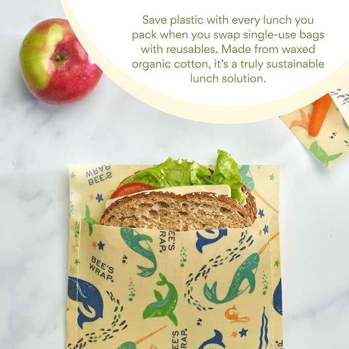 Bee's Wrap Beeswax Food Wraps, Snack Bag & Sandwich Wrap - Under the Sea | Organic Beeswax Wraps - Plastic Free - Reusable Food Storage - Sandwiches, Snacks & Lunches - Made in USA