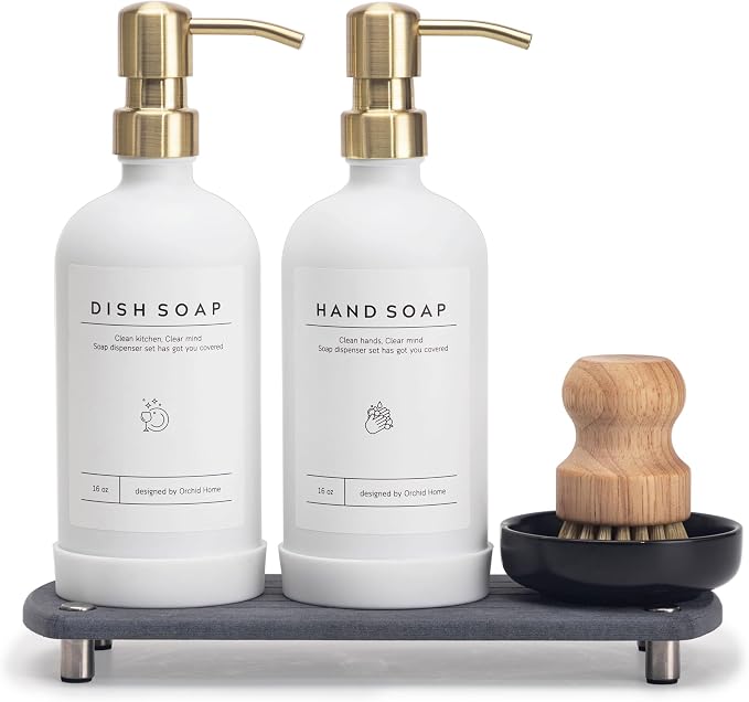 [Luxury] Kitchen Soap Dispenser Set - 16OZ White Glass Bottle, Stainless Steel Pump, Instant Dry Tray, Waterproof Labels, Non-Slip Silicone Pad, and Dish Brush | Upgrade for Your Kitchen and Bathroom
