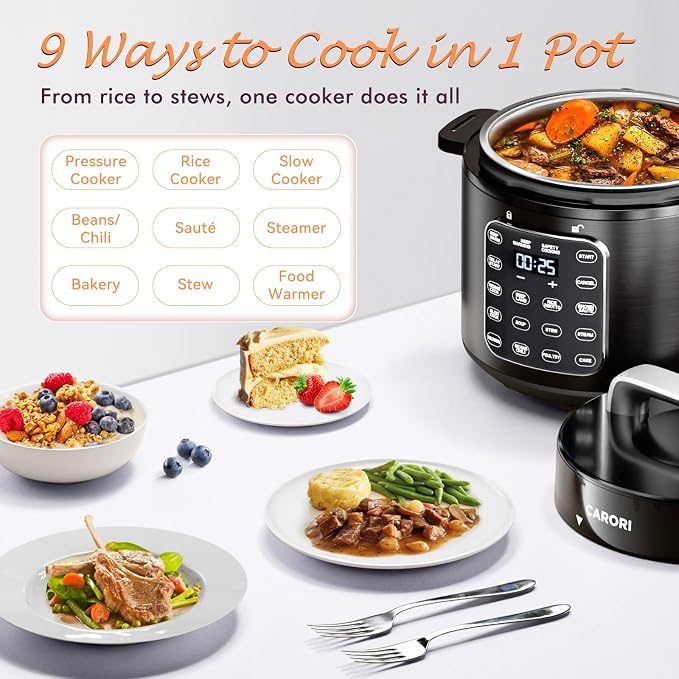 CARORI 6Qt 9-in-1 Electric Pressure Cooker,12 Presets - Quick Meals, Time-Saving, Healthy Dinner,Olla Presion, Electric Canner, Home Appliance, Small Appliance, (Black/SS)