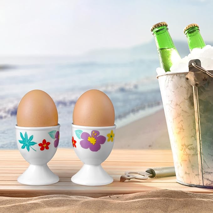 Cinf Easter Ceramic Egg Cups, Set of 2, Hawaii Flower Egg Holders | 2-piece ceramic egg cup set, festive floral design, easy to clean, perfect for boiled eggs, breakfast and Easter tables