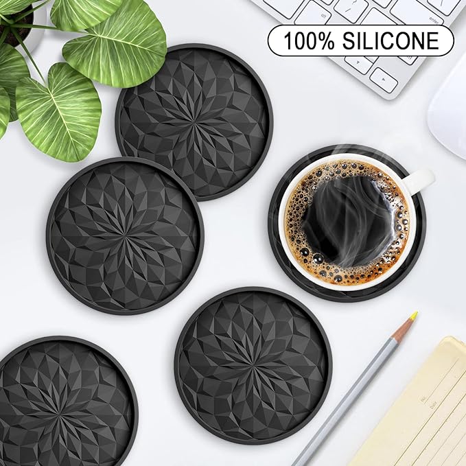 ME.FAN Silicone Coasters with Holder,[6 Pack] Drinking Coasters - Cup Mat for Hot or Cold Drinks, Thickened, Non-Slip, Non-Stick,Deep Tray Black