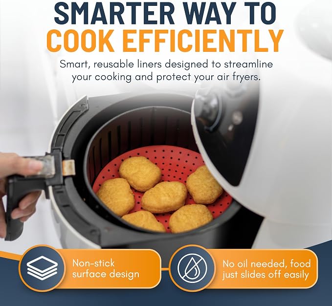 Reusable Round Silicone Air Fryer Liners (9 Inch, 3 Pack) by Linda’s Essentials - Non-Stick, Easy-Clean Accessories with Cheat Sheet & Recipe Book, Perfect for Quick Meals