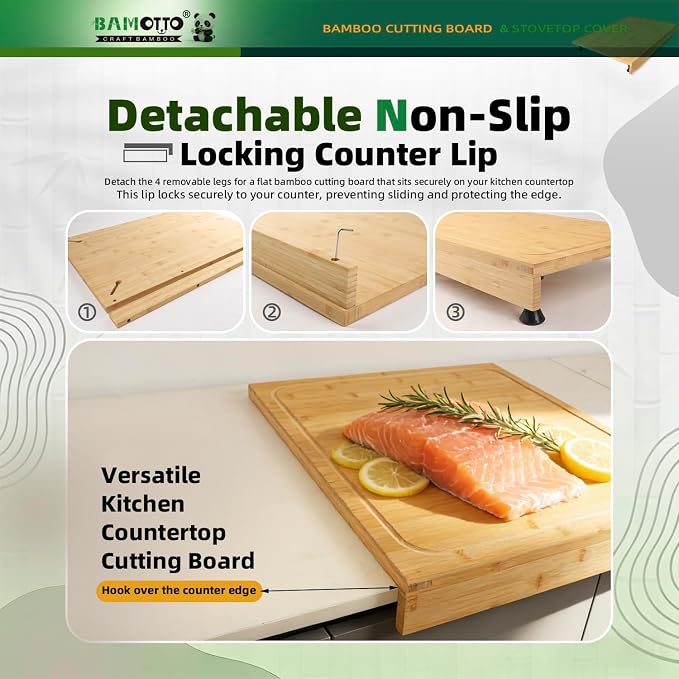 BAMOTTO CRAFTBAMBOO 20 x 22 Inch Bamboo Cutting Board, Stovetop Cover | Detachable Legs | Detachable Non-Slip Front Lip | Over-the-Sink Board | Reversible Dual Juice Grooves | Kitchen Noodle Board