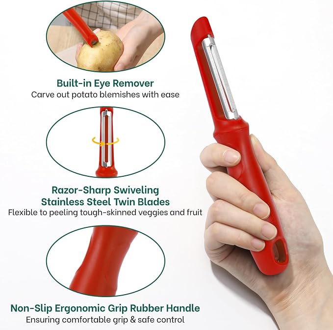 Beneno Swivel Vegetable Peeler, Premium Smooth Peeling Potato Peeler, Red | Razor-Sharp Stainless Steel Blade, Ergonomic Non-Slip Grip, Built-In Potato Eye Remover, Durable Design for Fruits & Veggies