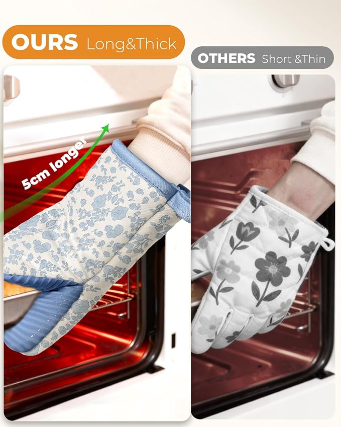100% Thick Cotton Mini Oven Mitts Silicone Grip Blue Fresh Floral | Girly Cute Oven Mitts for Women, Machine Washable, Non-Slip, Reversible Design Fits Both Hands, Stylish Kitchen Decor