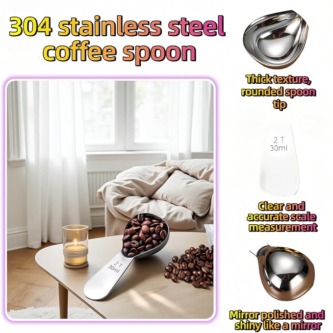 1 Tbsp(30ml) Coffee Scoop,Stainless Steel Measuring Spoons for Coffee,Protein Powder,Sugar,Easy Read Laser Engraved Mark,Short Handle Fits in Container,Rust-Resistant,Drop-Resistant (2T 30ml)
