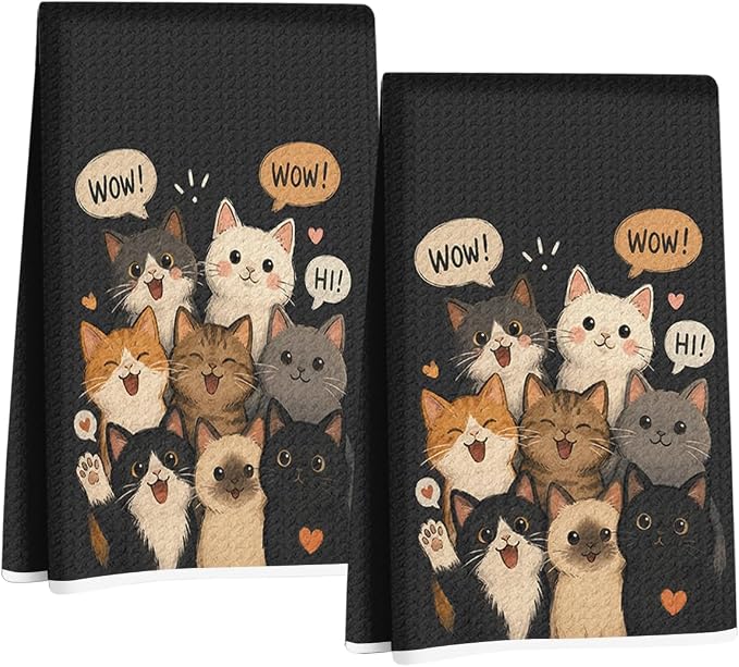 Jztco 2 Pcs Cute Cat Kitchen Towels, Cats Gift Reusable Hand Towels | Cat Dish Cloths for Drying Dishes, Cats Waffle Dish Towels for Kitchen Bathroom Decor, Cat Lover Gifts for Women Mom Grandma