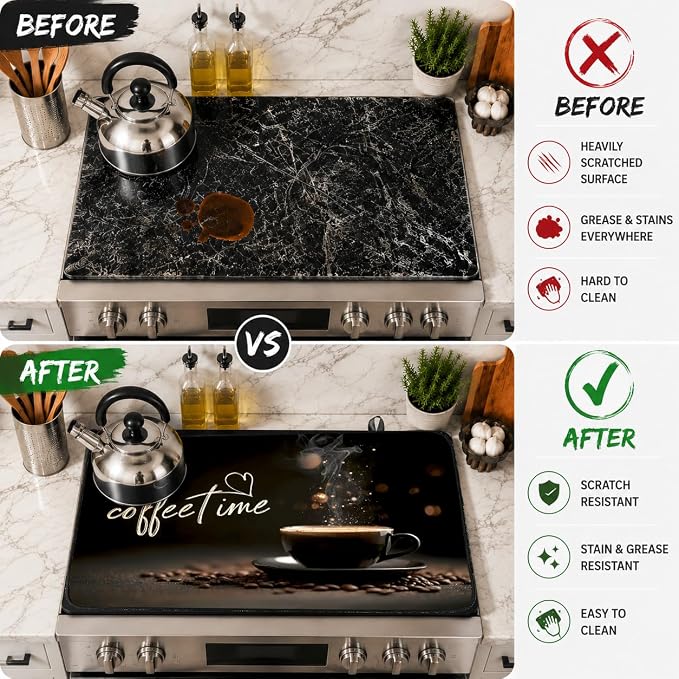 Electric Stove Top Cover for Glass Top, Coffee Time Cafe Decor – Heat Resistant Flat Stove Top Covers, Decorative Scratch Protector Mat for Glass Ceramic Cooktop, Non-Slip, 28"x20"