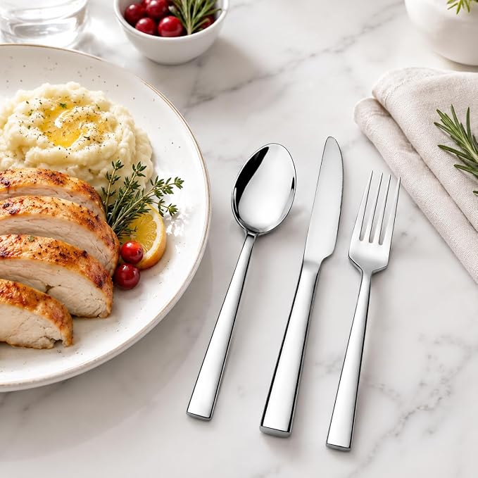 12-Piece Stainless Steel Silverware Set for 4, Mirror Polished Flatware Set Includes 4 Dinner Knives, 4 Dinner Forks & 4 Dinner Spoons, Dishwasher Safe Cutlery Set for Home Kitchen Restaurant