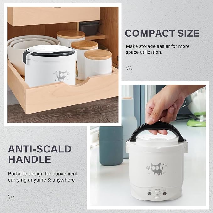 OSBA 12V Rice Cooker for Car 1L Mini Rice Cooker with Steamer, White | 2Cup Portable Travel Rice Cooker for 1-2 People, Cooking Heating & Auto Keeping Warm Function, Used as an Electric Lunch Box