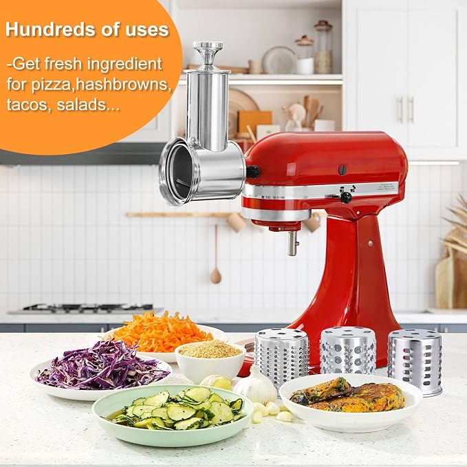 Large Stainless Steel Slicer Shredder Attachment for KitchenAid Mixers | Dishwasher Safe, 304 Stainless Steel Vegetable Cheese Grater Accessories with 4 Cutting Blades by KINGEAGLE