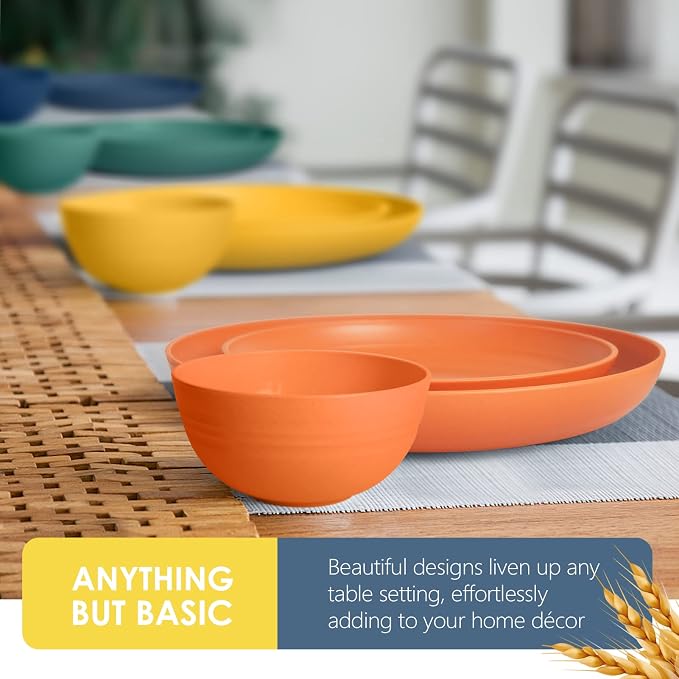 Teivio 32-Piece Plates and Bowls Sets for 8, Wheat Straw Dinnerware Sets | 13.5oz Cups, Plastic Unbreakable Dish Set, Dishwasher Safe, for Kitchen Outdoor Camping RV Essentials, Autumn Multicolor