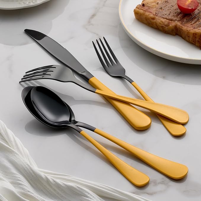 20-Piece Yellow Silverware Set 18/0 Stainless Steel Black Silverware Set Yellow Handle Cutlery Black Set Service for 4 Dinner Knives Forks Spoons Set Flatware Set Finish Dishwasher Safe