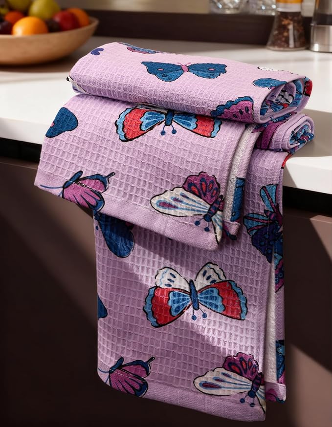 370GSM Cotton Waffle Kitchen Towels, Butterfly | Pure Cotton, Sustainable, Waffle Weave, Terry Cloth, Highly Absorbent, Decorative, 16"x25", with Hanging Loop