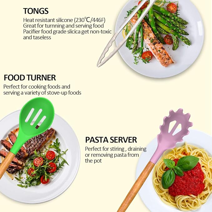 Umite Chef Kitchen Cooking Utensils Set, 33 pcs Non-stick Silicone Cooking Kitchen Utensils Spatula Set with Holder, Wooden Handle Silicone Kitchen Gadgets Utensil Set (Colorful)