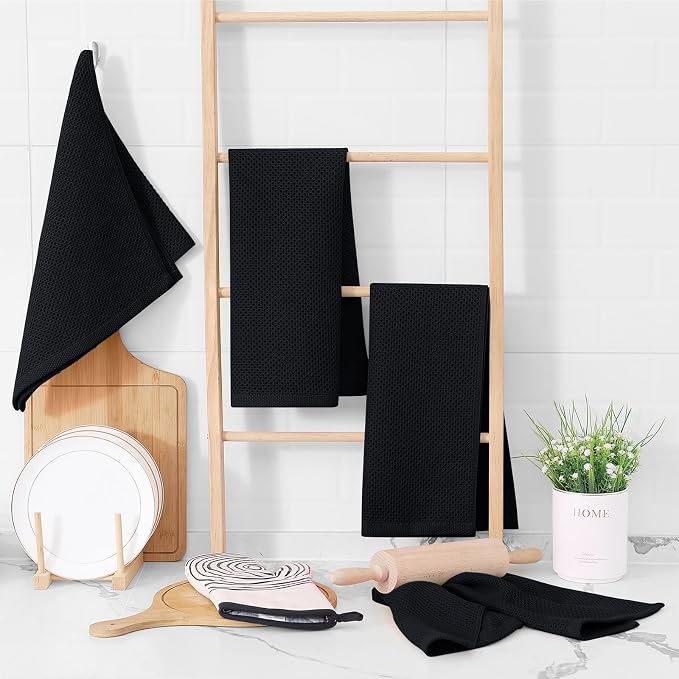 Homaxy 100% Cotton Waffle Weave Kitchen Towels, 15-Pack, Black | Ultra Soft Absorbent Dish Towels, Quick Drying Cleaning Towels, 13 x 28 Inches
