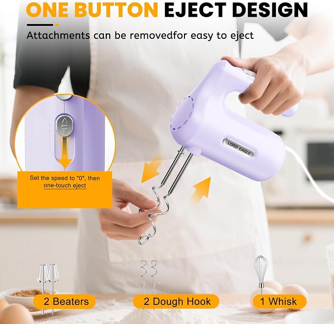 Lord Eagle 5-Speed Small Hand Mixer Electric, 300W Compact Portable, Purple | Handheld Kitchen Mixer Egg Beater with 5 Attachments & Storage Bag, Cake Supplies for Bread Dough Baking, Lightweight