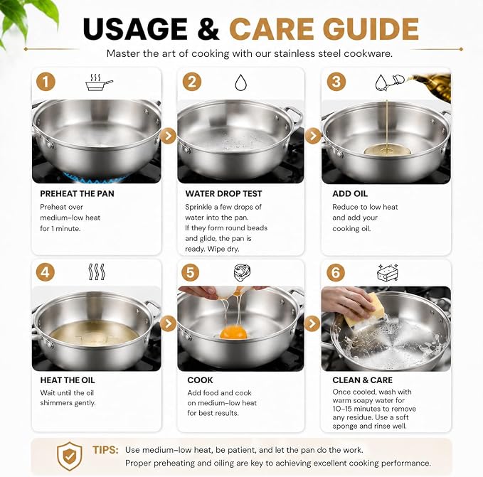 Delarlo Tri-Ply Stainless Steel 12 inch Everyday Pan with Glass Lid, Deep Saute Pan, Kitchen Everything Pan, High Side Chef's Pans, Induction Cooking Pot, Dishwasher Safe, 4QT Stock Pot Up To 600℉