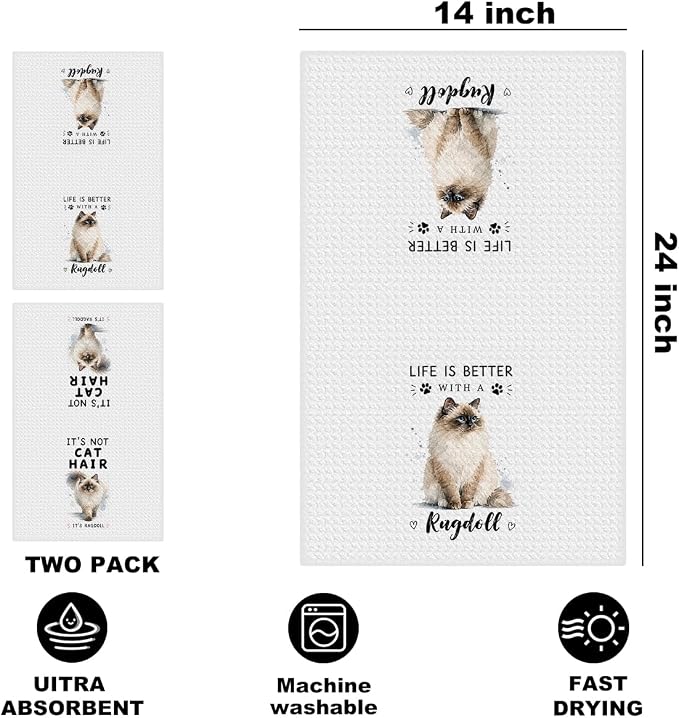 Jztco 2 Pcs Funny Cat Kitchen Towels, Cute Cat Gifts Reusable Hand Towels-1 | Cat Dish Cloths for Drying Dishes, Cats Waffle Dish Towels for Kitchen Bathroom Decor, Cat Lover Gifts for Women Grandma Mom