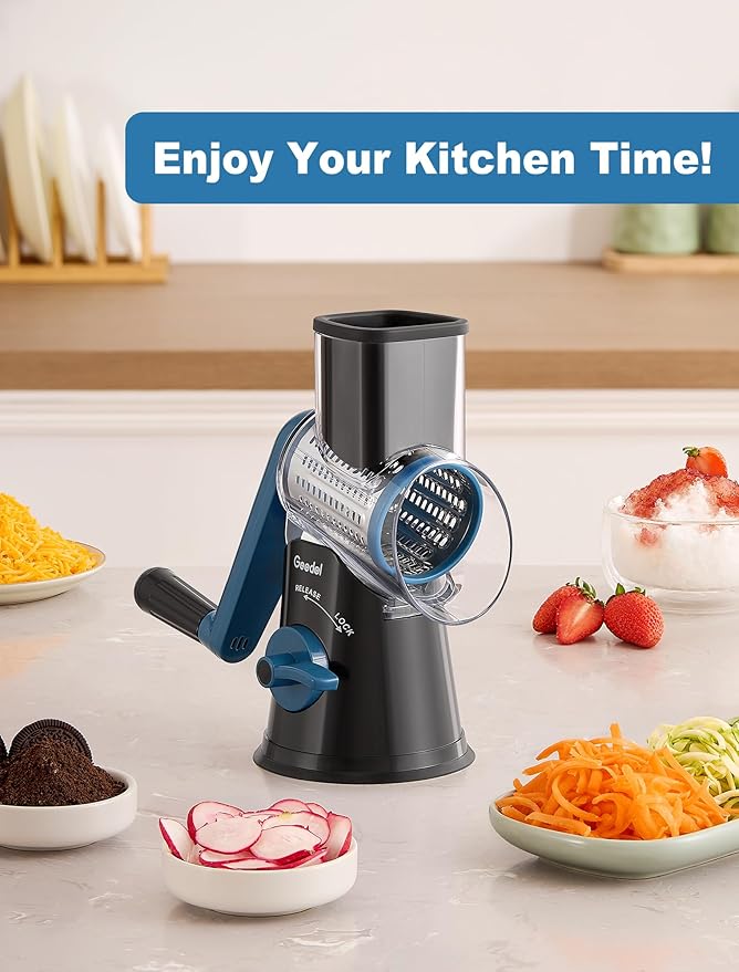 Geedel Rotary Cheese Grater Hand Crank, Cheese Shredder Vegetable Slicer | 5 Blades, 430 Stainless Steel, 12x Fast Cutting, Strong Suction Base, No BPA, Dishwasher Safe, for Cheese, Veggie, Nut