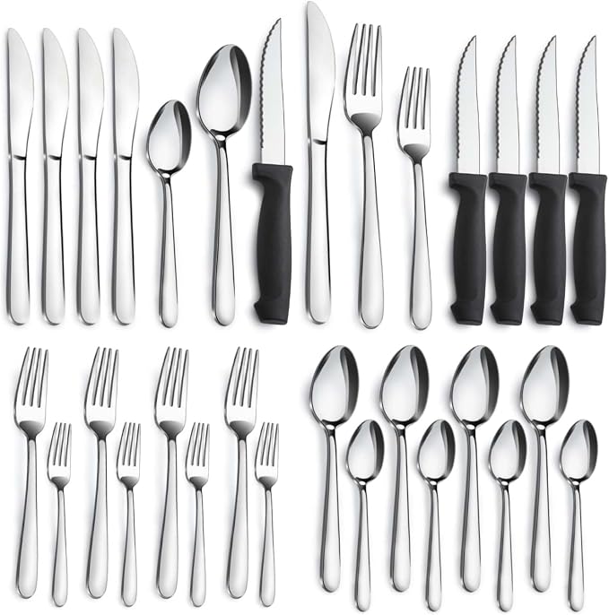 Pleafind 24-Piece Silverware Set - Stainless Steel Cutlery Set with Steak Knives, Forks, Spoons and Knives, Flatware Set for Home or Restaurant Use, Mirror Polished & Dishwasher Safe