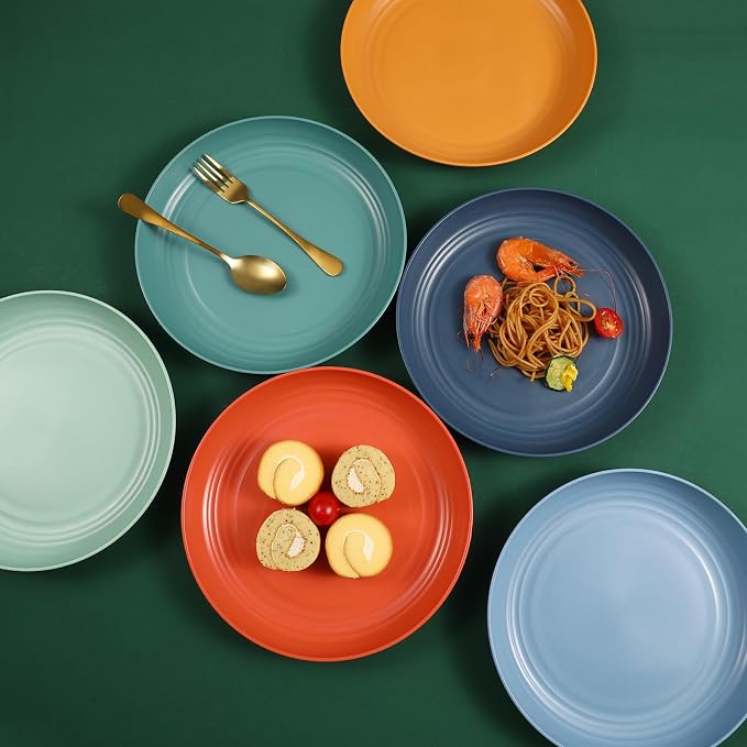 HEYCOME 12 Pcs Unbreakable Deep Dinner Plates Set, 10 inch Reusable Plastic Wheat Straw Plates, Microwave and Dishwasher Safe Plate for Kitchen, Lightweight Plate for Dessert, BPA Free, Dark Green