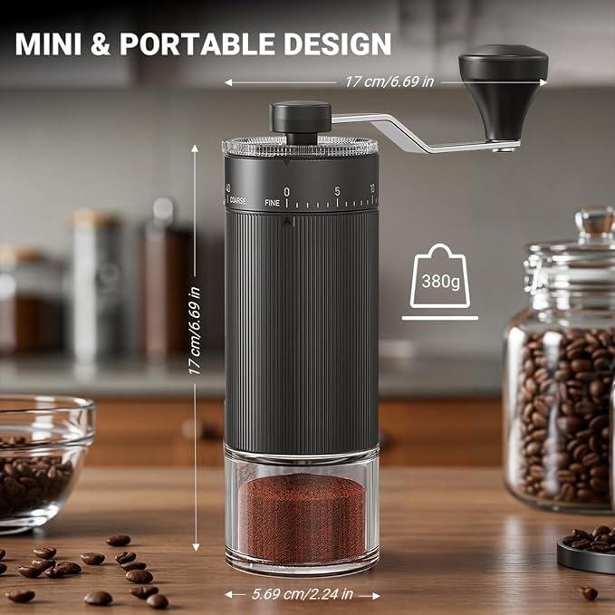 CEVING Mini Manual Coffee Grinder With 40 Adjustable Settings, Black | Portable Hand Coffee Bean Mill with Ceramic Conical Burrs, 30g Capacity, Ideal for Travel, Camping, French Press, Pour Over