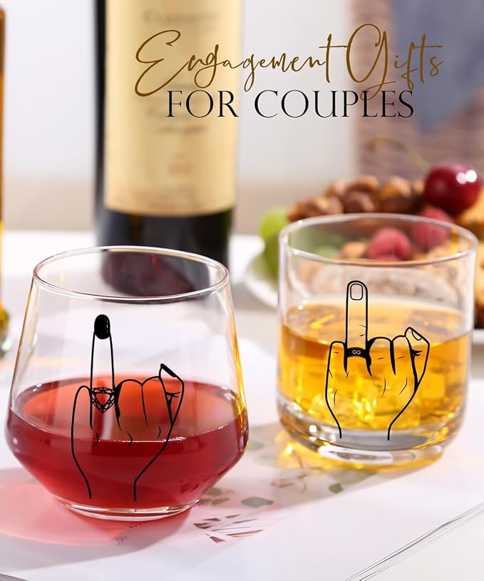Engagement Gift Set for Couples - Ring Finger Wine Glasses, Personalized Mr and Mrs Shot Glasses & Keepsake Box,Unique Bridal Shower & Wedding Gift for Newly Engaged, Mr & Mrs, Bride and Groom