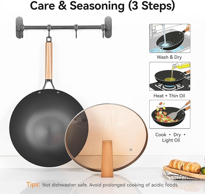 WANGYUANJI 12.6" Carbon Steel Wok with Lid, Flat Bottom Wok Pan for Induction and Gas Stoves, Heavy Duty Unseasoned Asian Stir Fry Pan with Detachable Wooden Handle