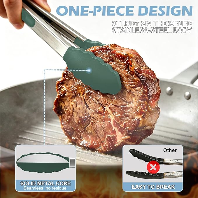 Stainless Steel Kitchen Tongs with Silicone Tips, Locking Grilling Food Tongs, 9" and 12", Set of 2 Dark Green