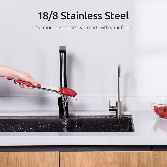 U-Taste Kitchen Tongs for Cooking, 600ºF Heat-Resistant Silicone, 3Pcs/Red | Tong Utensils Set 7/9/12in, Salad/Grill/BBQ Plastic Tongs for Food Serving, Rubber Thong with 18/8 Stainless Steel Handle