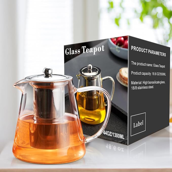 PARACITY Glass Teapot Stovetop 44 OZ, Borosilicate Clear Tea Kettle with Removable 18/8 Stainless Steel Infuser, Teapot Blooming and Loose Leaf Tea Maker Tea Brewer for Camping, Travel (1300ml) | A clear borosilicate tea maker/tea brewer uses an 18/8 s...