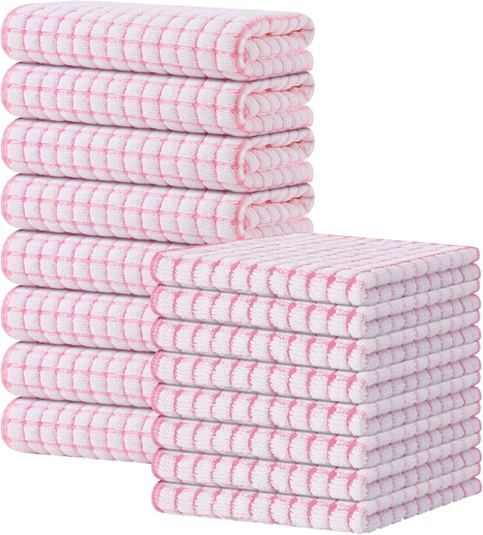 Kitinjoy Cotton 16 Pack Kitchen Towels and Dishcloths Sets, Pink | 16 x 25 Inch & 12 X 12 Inch Dish Towels Bulk, Super Soft and Absorbent hand towels for kitchen Drying