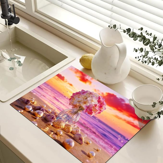 HOMETITUTE Summer Stove Top Covers for Electric Stove 28x20 Inches Sunset Beach Flower Seashell Heat Resistant Glass Cooktop Protector Pad Decorative Stovetop Cover for Kitchen Coffee Bar Decor