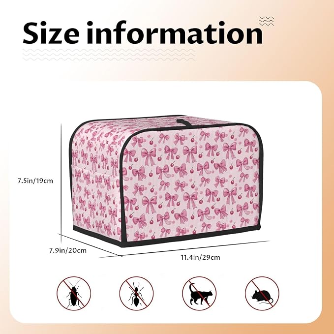 2 Slice Toaster Cover Pink Bow Pattern Cherry Dust Proof Washable Kitchen Appliance Cover with Pocket, Oxford Fabric Countertop Toaster Protector for Standard Toasters Small Appliances
