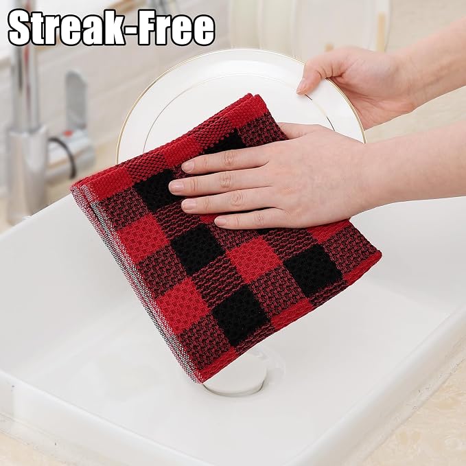 Homaxy Kitchen Towels and Dishcloths Set, Set of 8, Red & Black | Bulk Cotton Waffle Weave Check Plaid Kitchen Towels, Super Soft and Absorbent Dish Cloths, 12 x 12 and 13 x 28 Inches