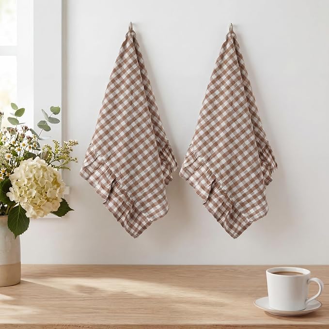 HunnmingRe 2 Pcs Taupe Gingham Kitchen Towels Cotton Ruffled | Checked Dish Towels 18"x28" Tea Cloths Plaid Cottage Core Kitchen Decor for Farmhouse Charm Drying Dishes Entertaining Guests