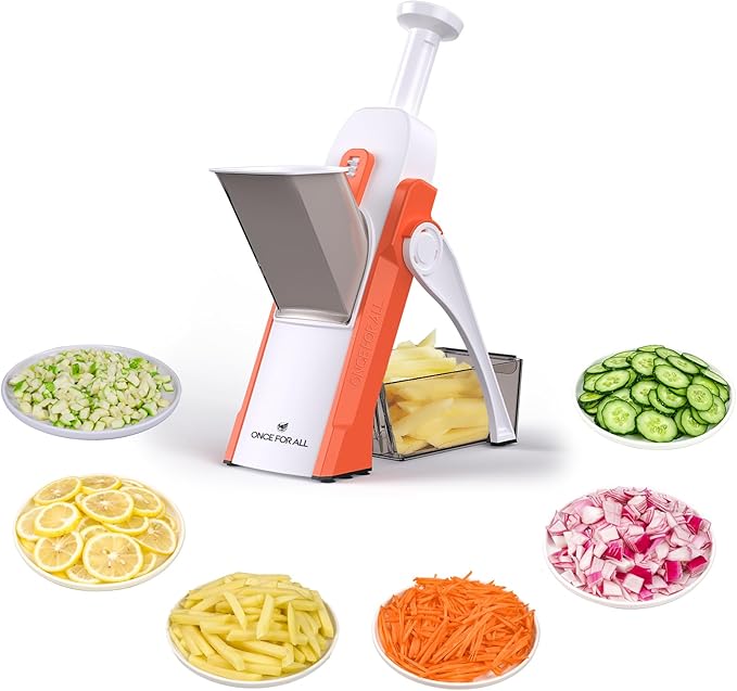 ONCE FOR ALL Mandoline Slicer for Kitchen, All in 1 Veggie Slicer, Orange | Adjustable Thickness, Potato Slicer Veggie Chopper, Strips Julienne Dicer, French Fry Cutter, Dishwasher Safe, Kitchen Gift